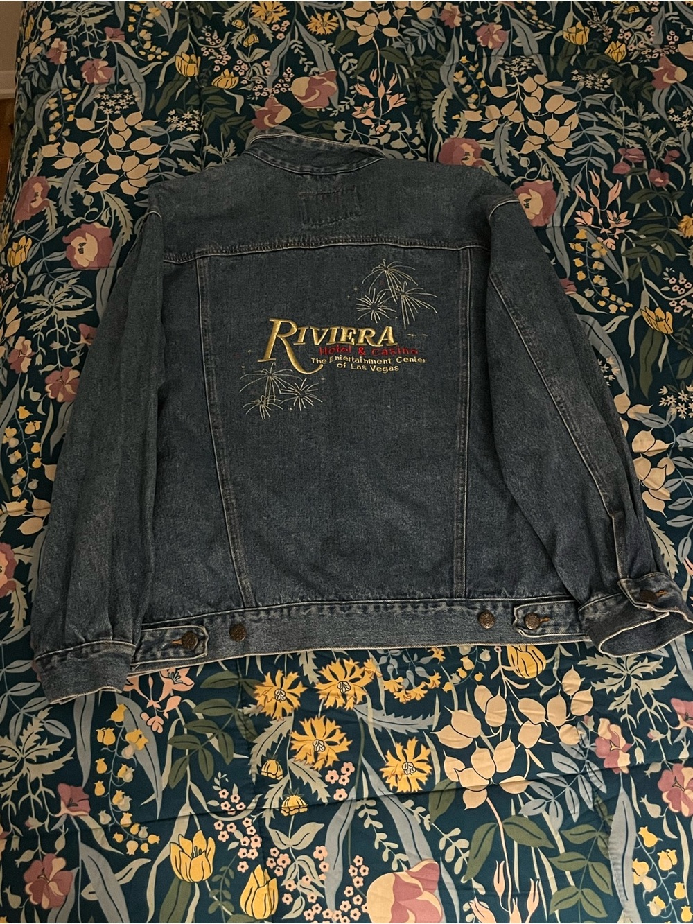 Vintage Riviera Hotel & Casino Blue Embroidered Denim Jacket Size XL